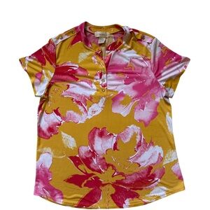 Mustard Yellow Pink Floral Blouse Button Up Casual Workwear Top Women’s L